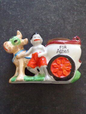 Vintage Japan Ceramic Ashtray Figurine Boy Donkey Cart Lustreware “FOR Ashes”